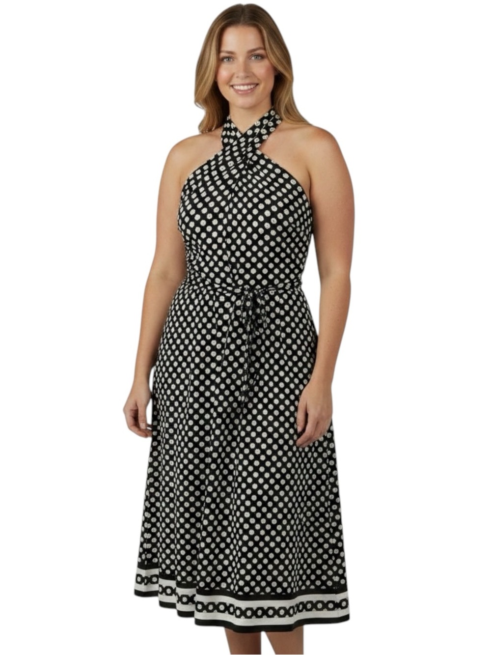 NWT Michael Kors Black and White Polka Dot Halter Midi Dress Size XL
